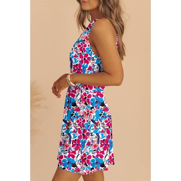 Women Summer Floral Sundress Sleeveless Summer Mini Swing Dresses with Pockets - Picture 3 of 8